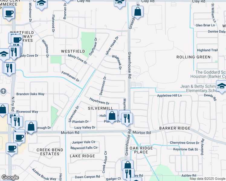 map of restaurants, bars, coffee shops, grocery stores, and more near 19222 Winding Branch Drive in Katy