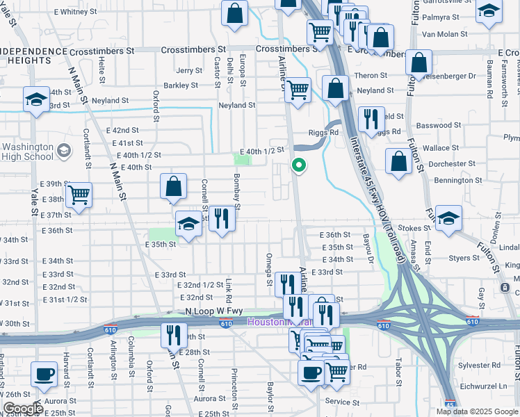map of restaurants, bars, coffee shops, grocery stores, and more near 1114 East 37th Street in Houston