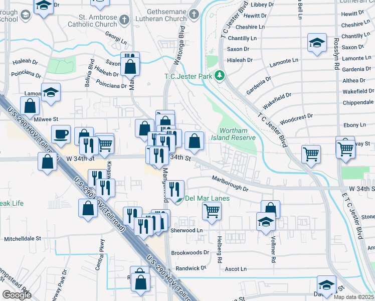 map of restaurants, bars, coffee shops, grocery stores, and more near 4520 West 34th Street in Houston