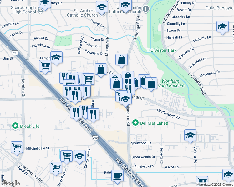 map of restaurants, bars, coffee shops, grocery stores, and more near 4800 West 34th Street in Houston