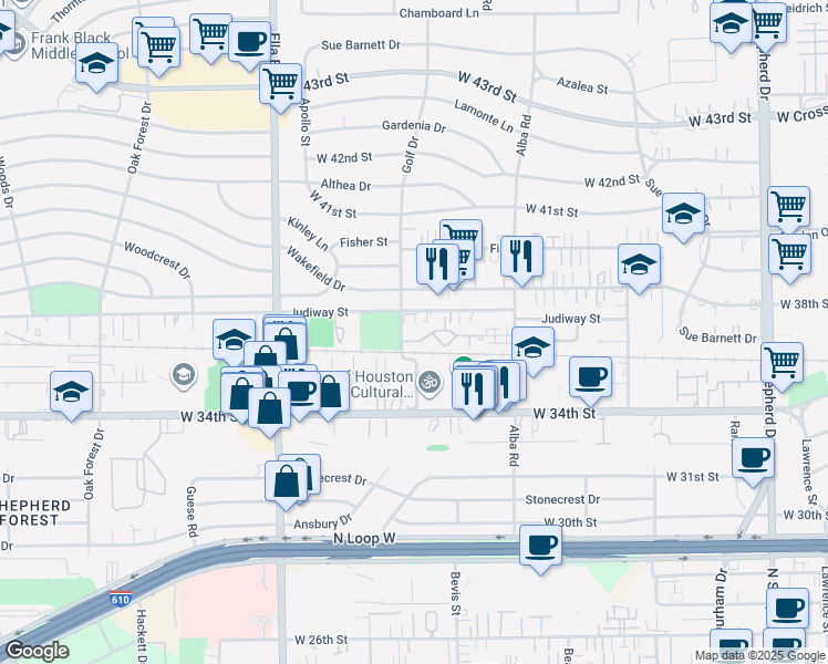 map of restaurants, bars, coffee shops, grocery stores, and more near 1114 Shepherd Oaks Drive in Houston