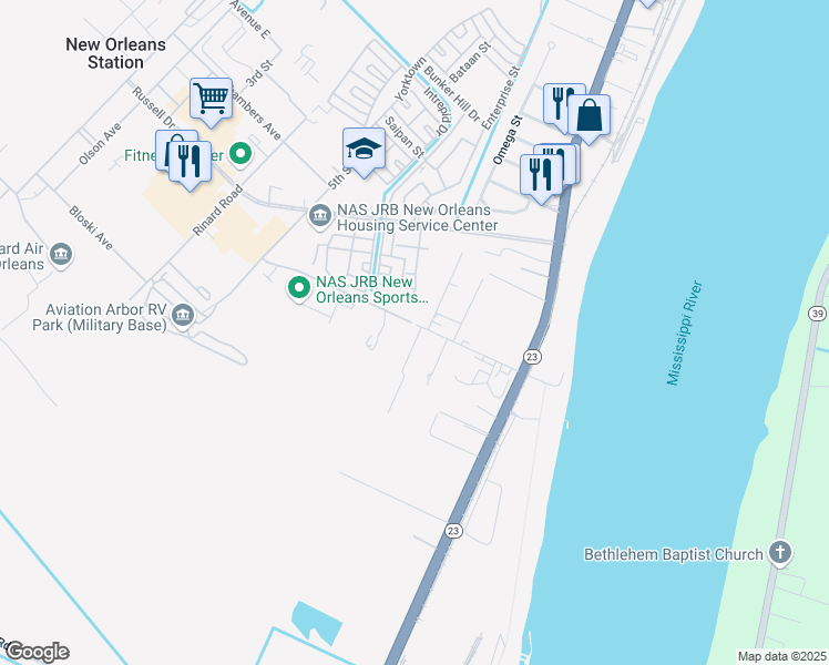 map of restaurants, bars, coffee shops, grocery stores, and more near 102 Protti Drive in Belle Chasse