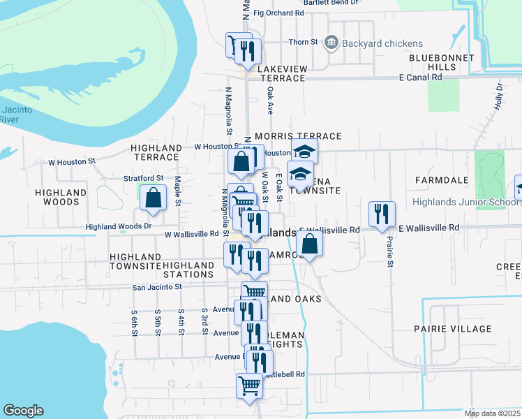 map of restaurants, bars, coffee shops, grocery stores, and more near 400 West Oak Street in Highlands