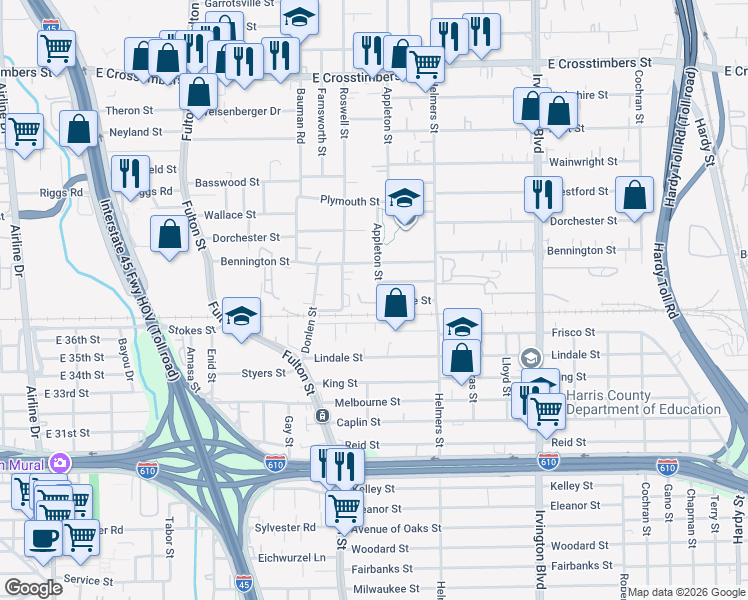 map of restaurants, bars, coffee shops, grocery stores, and more near 6813 Appleton Street in Houston