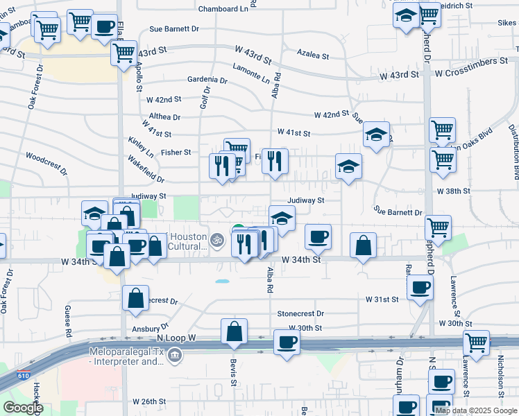 map of restaurants, bars, coffee shops, grocery stores, and more near 910 West 35th Street in Houston