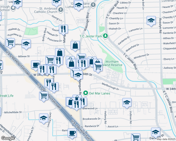 map of restaurants, bars, coffee shops, grocery stores, and more near 4620 West 34th Street in Houston