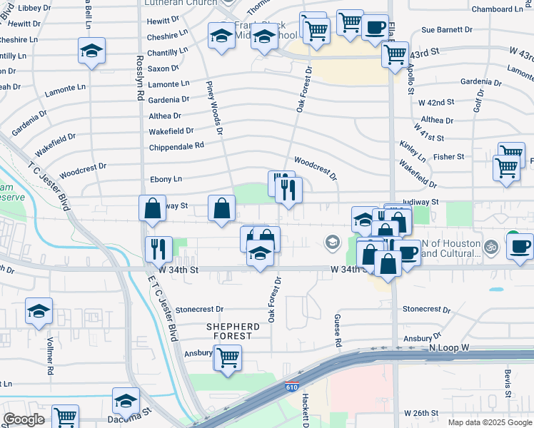 map of restaurants, bars, coffee shops, grocery stores, and more near 3539 Oak Forest Drive in Houston