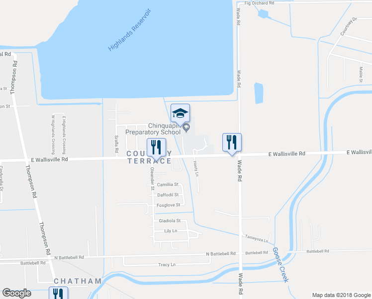 map of restaurants, bars, coffee shops, grocery stores, and more near 2615 East Wallisville Road in Highlands