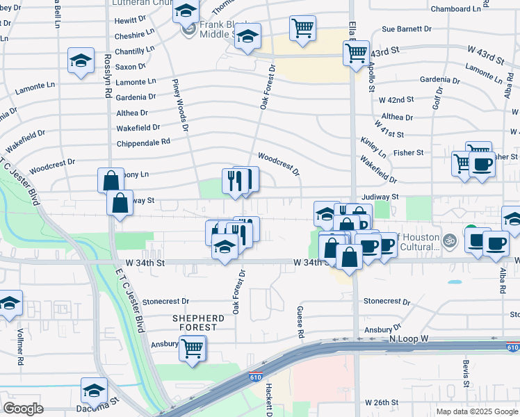 map of restaurants, bars, coffee shops, grocery stores, and more near 3538 Oak Forest Drive in Houston
