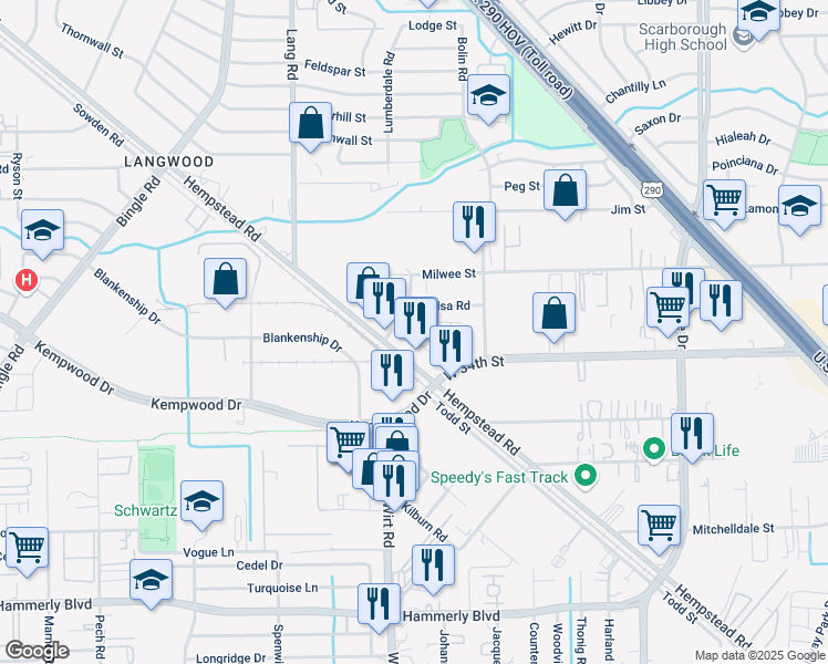 map of restaurants, bars, coffee shops, grocery stores, and more near 11718 Hempstead Road in Houston