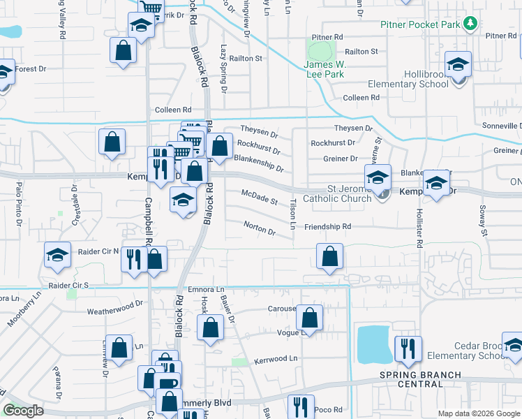 map of restaurants, bars, coffee shops, grocery stores, and more near 9251 Friendship Road in Houston
