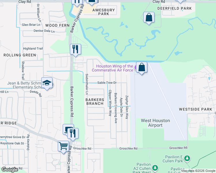 map of restaurants, bars, coffee shops, grocery stores, and more near 18206 Olive Leaf Drive in Houston