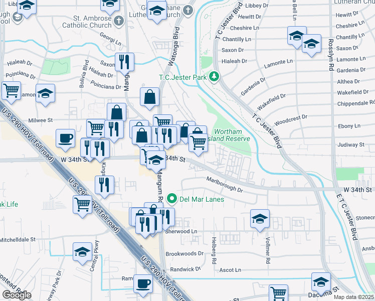 map of restaurants, bars, coffee shops, grocery stores, and more near 4520 West 34th Street in Houston