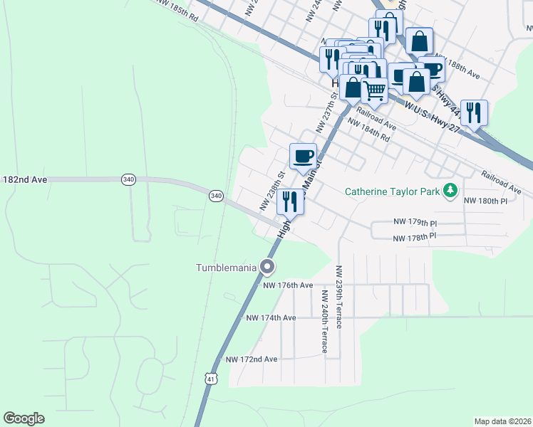 map of restaurants, bars, coffee shops, grocery stores, and more near 120 Southwest Poe Springs Road in High Springs
