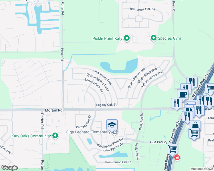 map of restaurants, bars, coffee shops, grocery stores, and more near 3102 Thicket Path Way in Katy