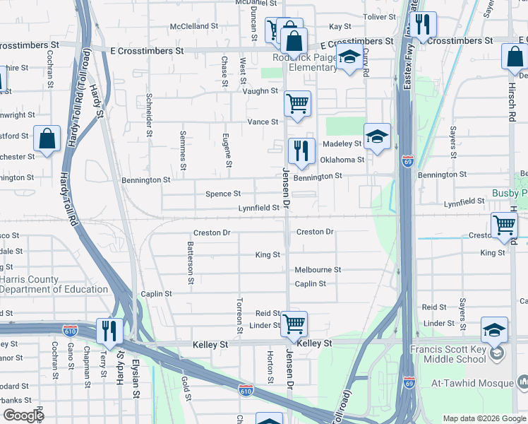 map of restaurants, bars, coffee shops, grocery stores, and more near 2528 Lynnfield Street in Houston