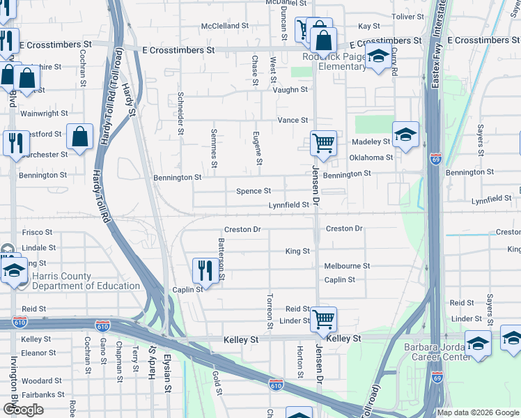map of restaurants, bars, coffee shops, grocery stores, and more near 2506 Lynnfield Street in Houston