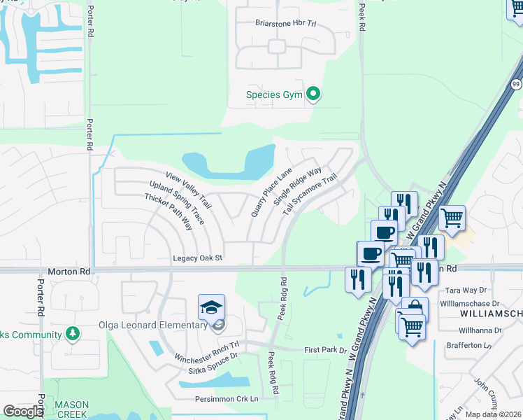 map of restaurants, bars, coffee shops, grocery stores, and more near 3202 Quarry Place Lane in Katy