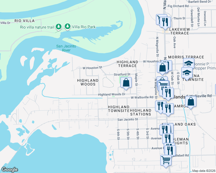 map of restaurants, bars, coffee shops, grocery stores, and more near 604 Highland Woods Drive in Highlands