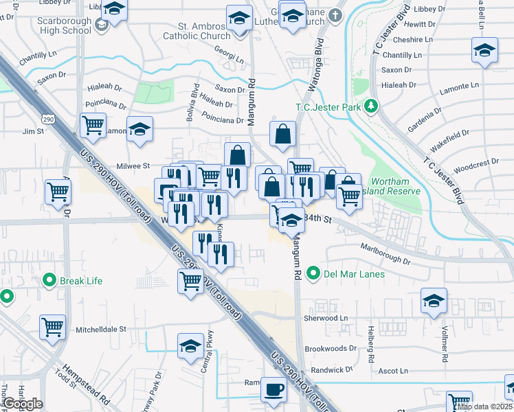 map of restaurants, bars, coffee shops, grocery stores, and more near 4800 West 34th Street in Houston