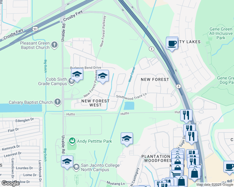 map of restaurants, bars, coffee shops, grocery stores, and more near 14902 Arvonshire Court in Houston