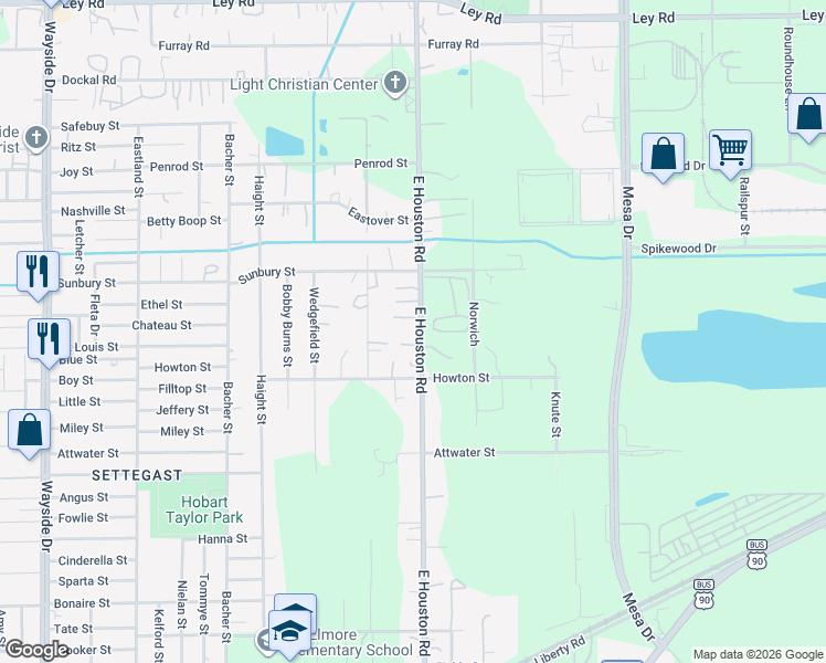 map of restaurants, bars, coffee shops, grocery stores, and more near 6131 East Houston Road in Houston