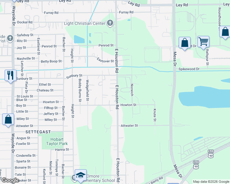 map of restaurants, bars, coffee shops, grocery stores, and more near 6131 East Houston Road in Houston