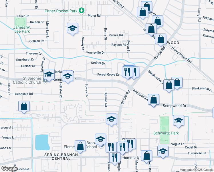 map of restaurants, bars, coffee shops, grocery stores, and more near 8551 Mcdade Street in Houston