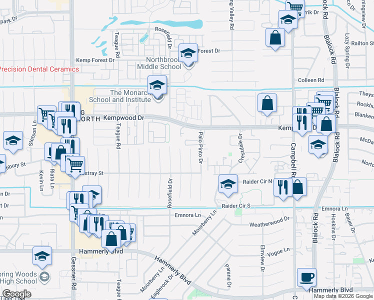 map of restaurants, bars, coffee shops, grocery stores, and more near 2630 Parana Drive in Houston