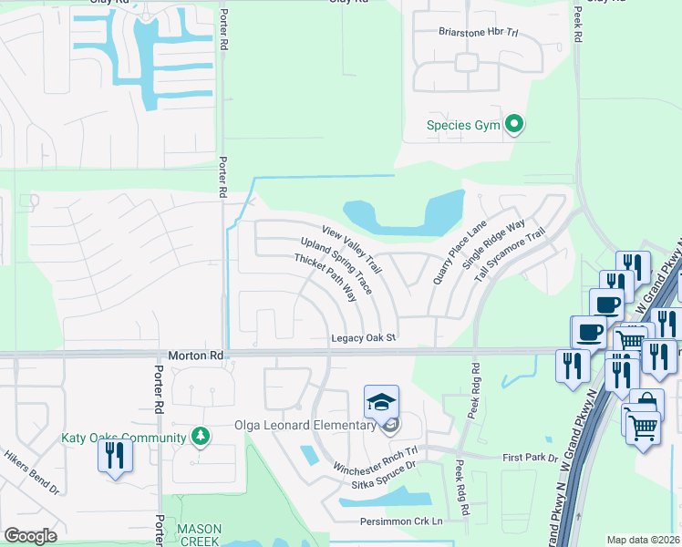 map of restaurants, bars, coffee shops, grocery stores, and more near 3102 Thicket Path Way in Katy
