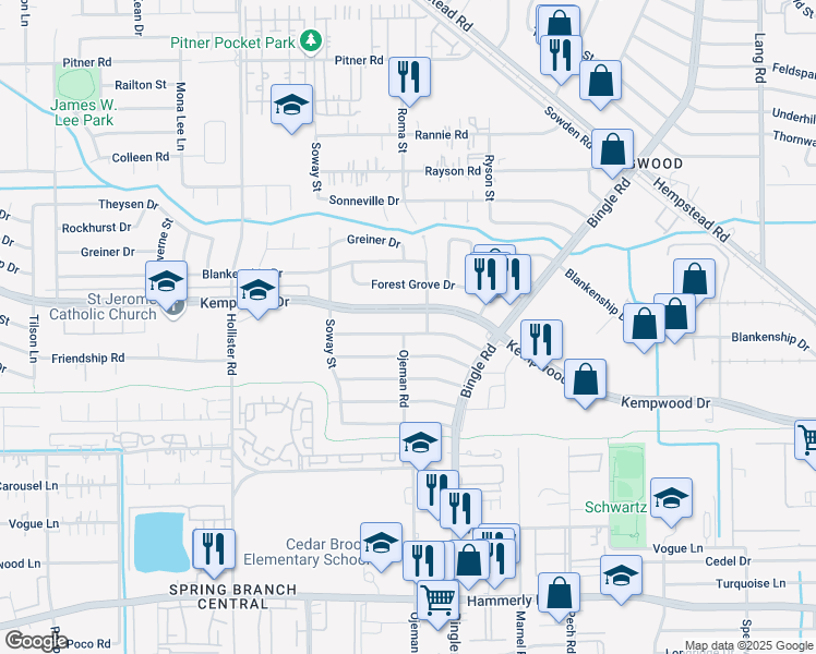 map of restaurants, bars, coffee shops, grocery stores, and more near 8551 Mcdade Street in Houston