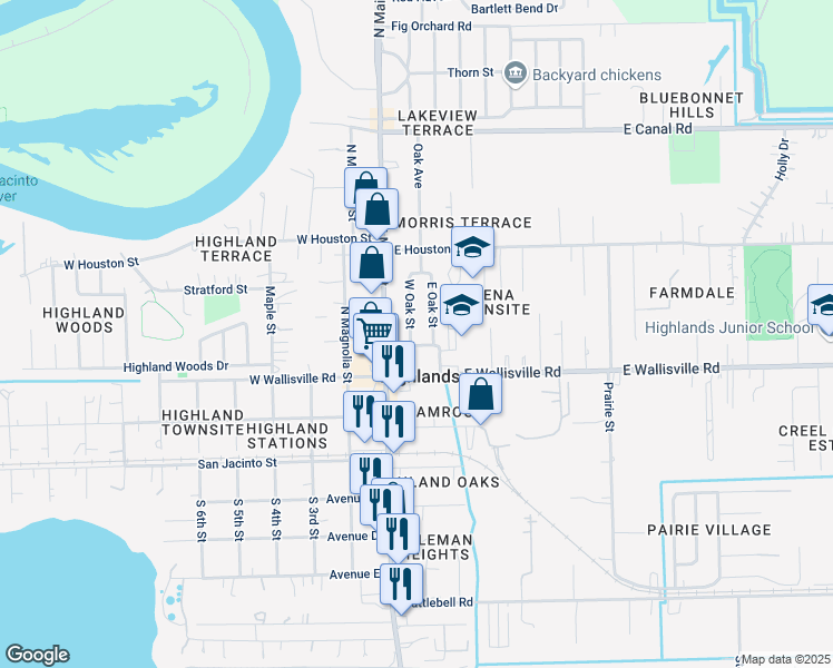 map of restaurants, bars, coffee shops, grocery stores, and more near 400 West Oak Street in Highlands