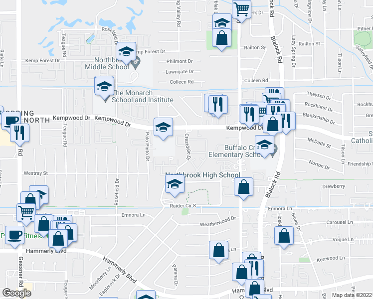 map of restaurants, bars, coffee shops, grocery stores, and more near 3125 Crestdale Drive in Houston