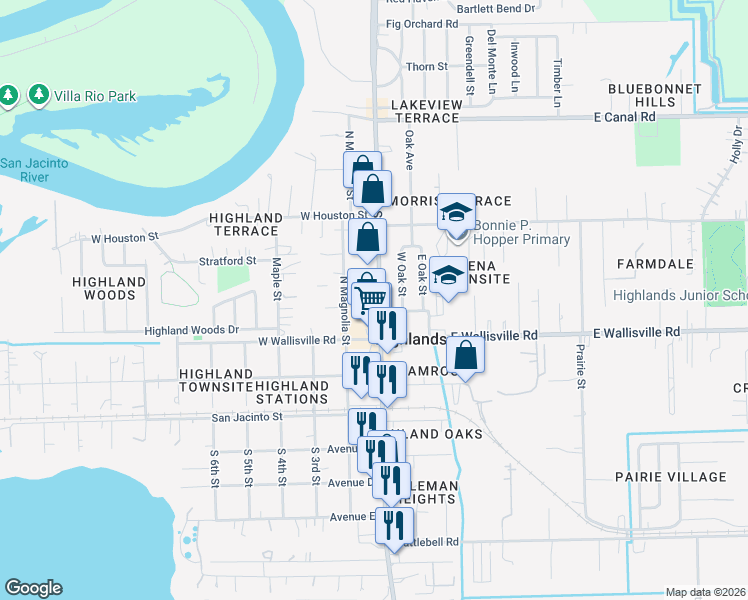 map of restaurants, bars, coffee shops, grocery stores, and more near 324 North Main Street in Highlands