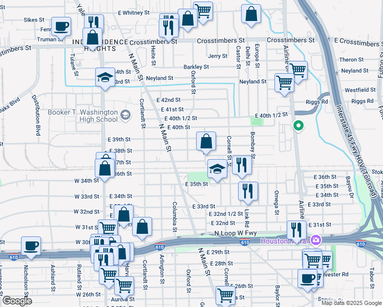 map of restaurants, bars, coffee shops, grocery stores, and more near 601 East 37th Street in Houston
