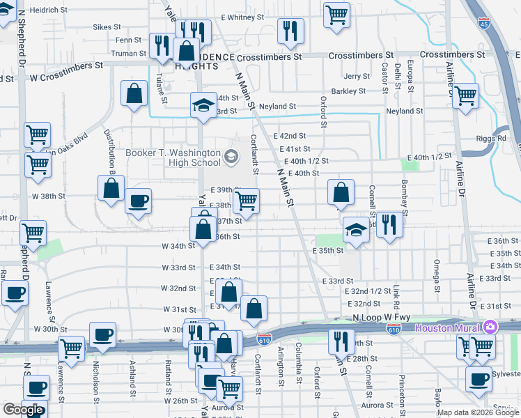 map of restaurants, bars, coffee shops, grocery stores, and more near 313 East 37th Street in Houston