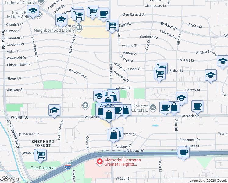 map of restaurants, bars, coffee shops, grocery stores, and more near 3512 Ella Boulevard in Houston
