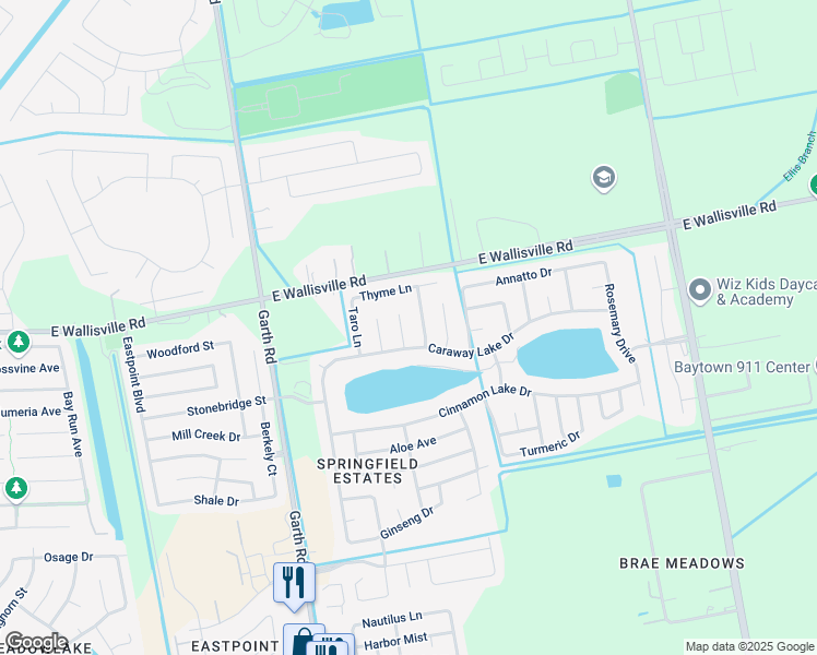 map of restaurants, bars, coffee shops, grocery stores, and more near 8307 Tarragon Lane in Baytown