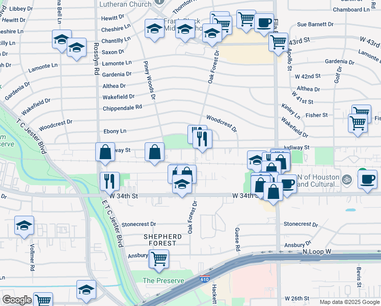 map of restaurants, bars, coffee shops, grocery stores, and more near 3543 Oak Forest Drive in Houston