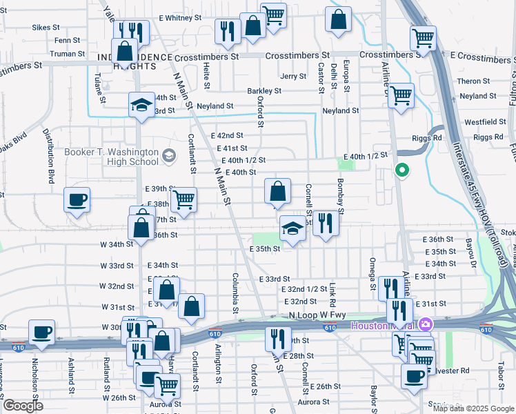 map of restaurants, bars, coffee shops, grocery stores, and more near 601 East 37th Street in Houston