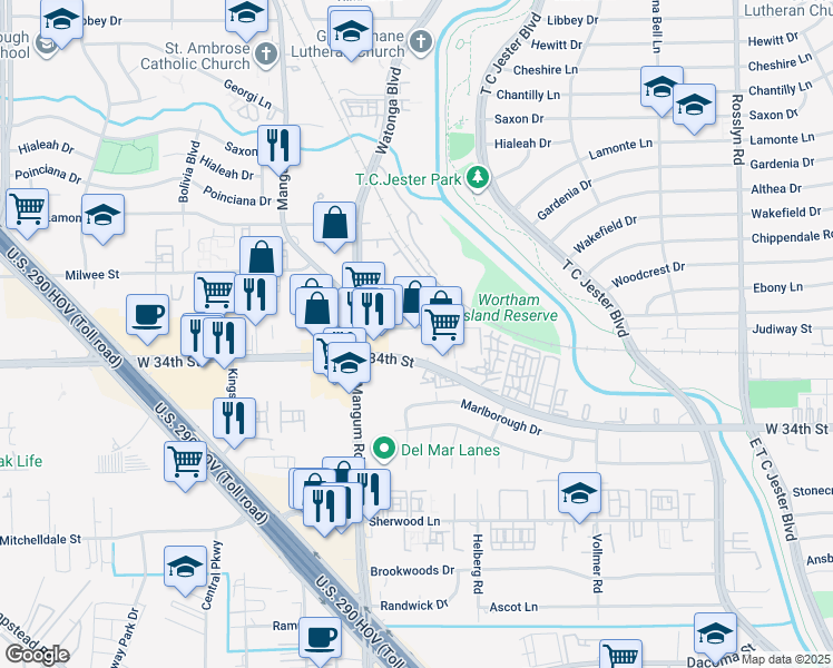 map of restaurants, bars, coffee shops, grocery stores, and more near 4520 West 34th Street in Houston