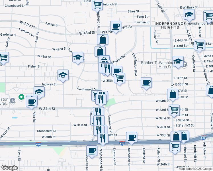 map of restaurants, bars, coffee shops, grocery stores, and more near 601-625 West 38th Street in Houston