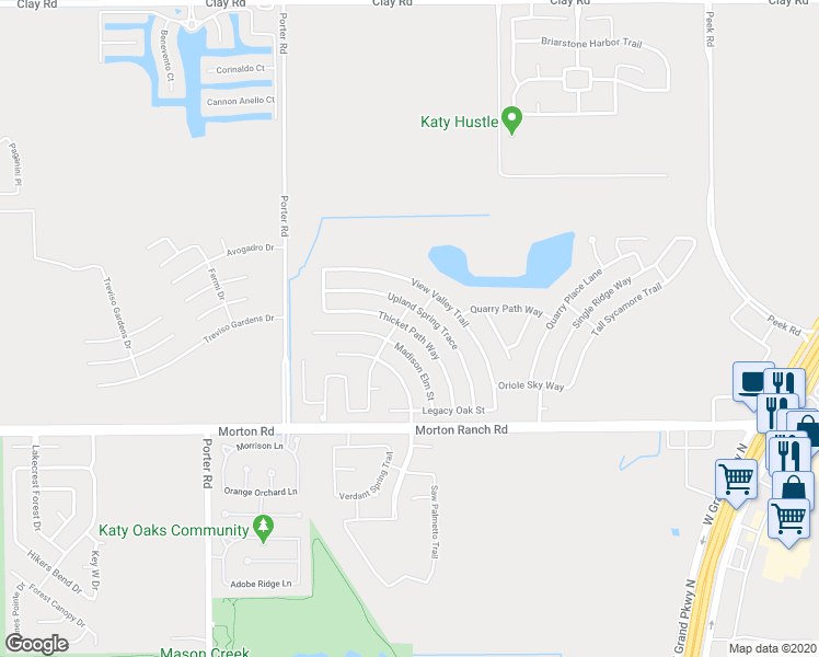 map of restaurants, bars, coffee shops, grocery stores, and more near Thicket Path Way in Katy