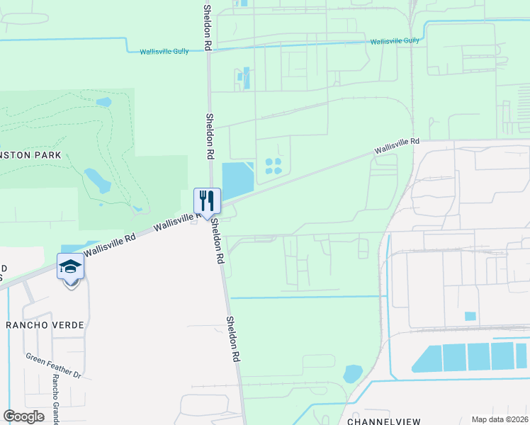 map of restaurants, bars, coffee shops, grocery stores, and more near 16950 Wallisville Road in Houston
