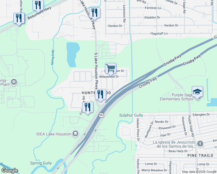 map of restaurants, bars, coffee shops, grocery stores, and more near 6446 Lodgepole Road in Houston