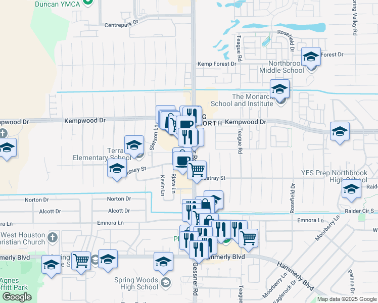 map of restaurants, bars, coffee shops, grocery stores, and more near 2607 Gessner Road in Houston