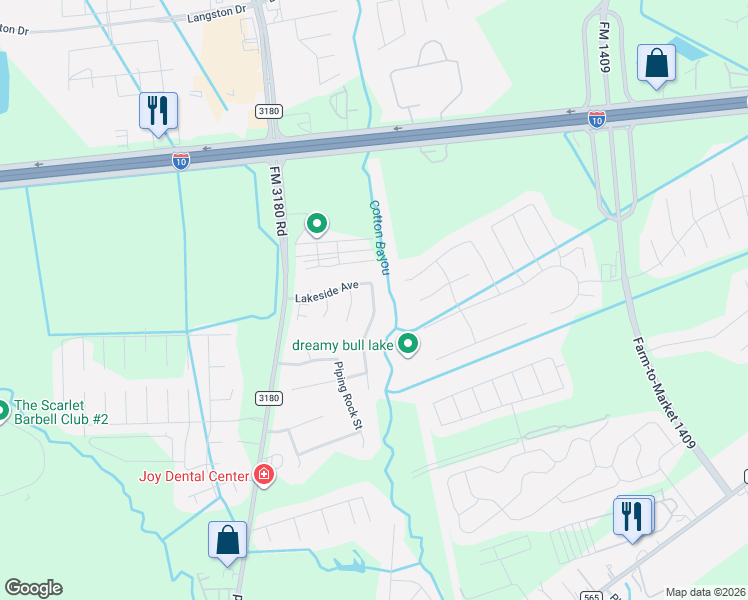 map of restaurants, bars, coffee shops, grocery stores, and more near 8602 Rocky River Street in Baytown