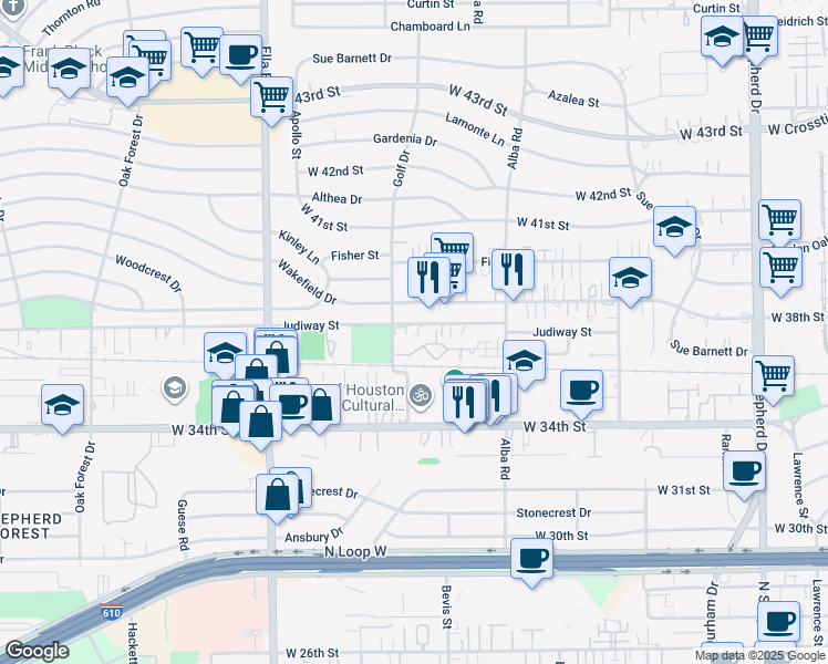 map of restaurants, bars, coffee shops, grocery stores, and more near 1114 Shepherd Oaks Drive in Houston