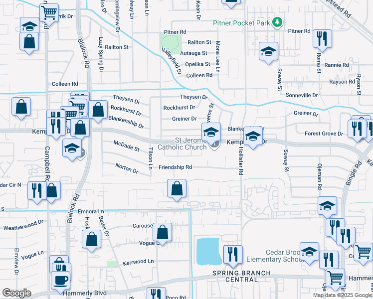 map of restaurants, bars, coffee shops, grocery stores, and more near 9001 Kempwood Drive in Houston