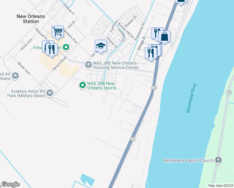 map of restaurants, bars, coffee shops, grocery stores, and more near 102 Protti Drive in Belle Chasse